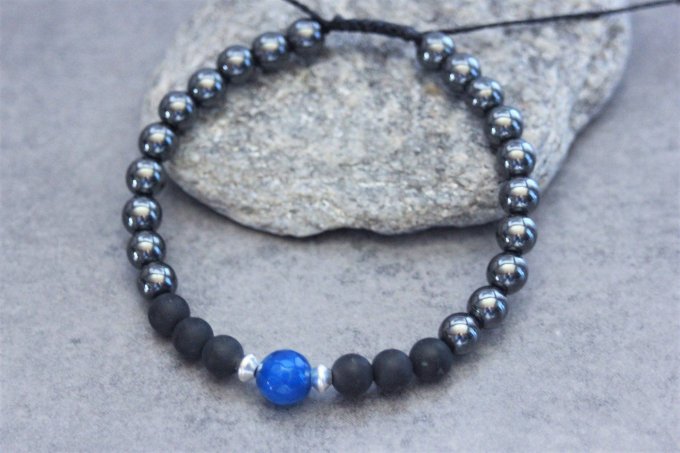 Bracelet perles onyx mat, hématite, agate bleu et argent 925