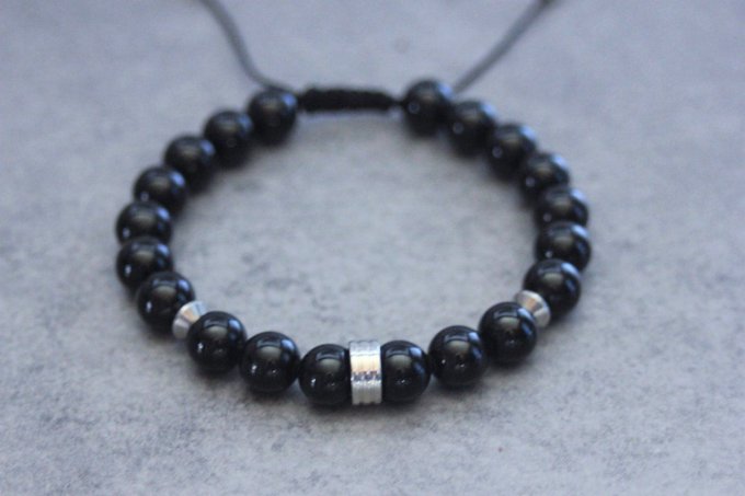 Bracelet perles onyx et rondelle striée acier inoxydable