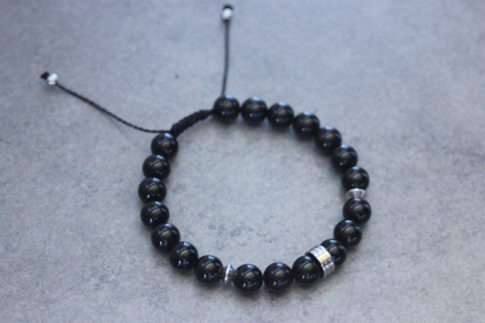 Bracelet perles onyx et rondelle striée acier inoxydable