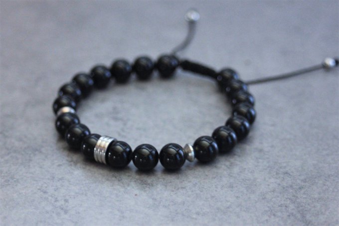 Bracelet perles onyx et rondelle striée acier inoxydable