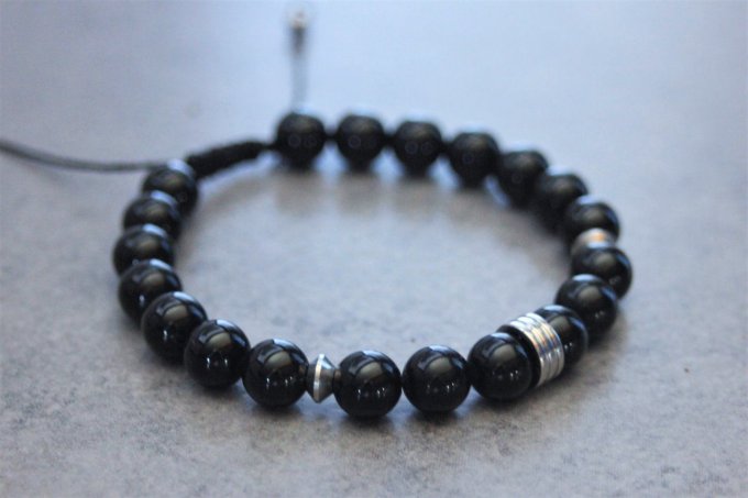 Bracelet perles onyx et rondelle striée acier inoxydable