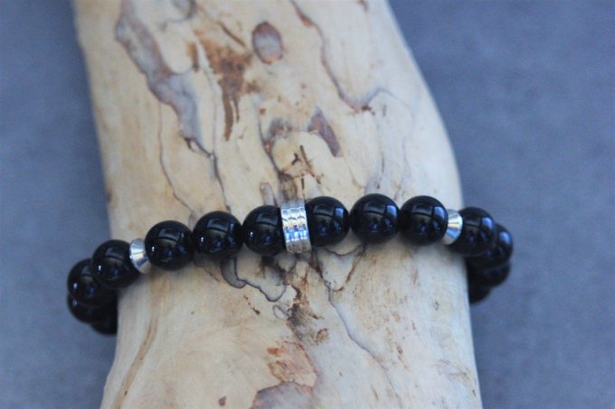 Bracelet perles onyx et rondelle striée acier inoxydable