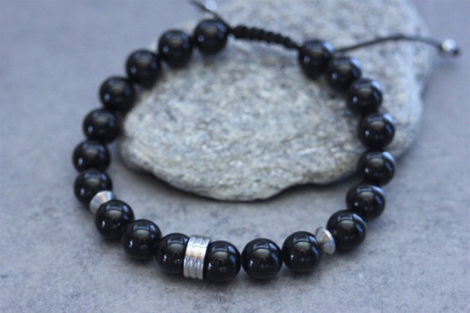 Bracelet perles onyx et rondelle striée acier inoxydable