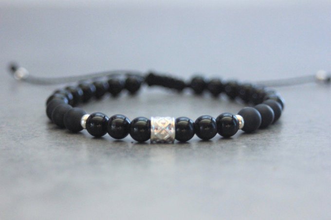 Bracelet perles onyx, onyx mat et argent massif