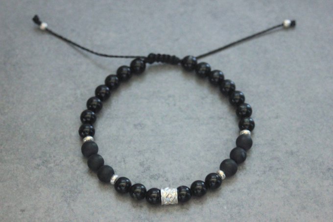 Bracelet perles onyx, onyx mat et argent massif