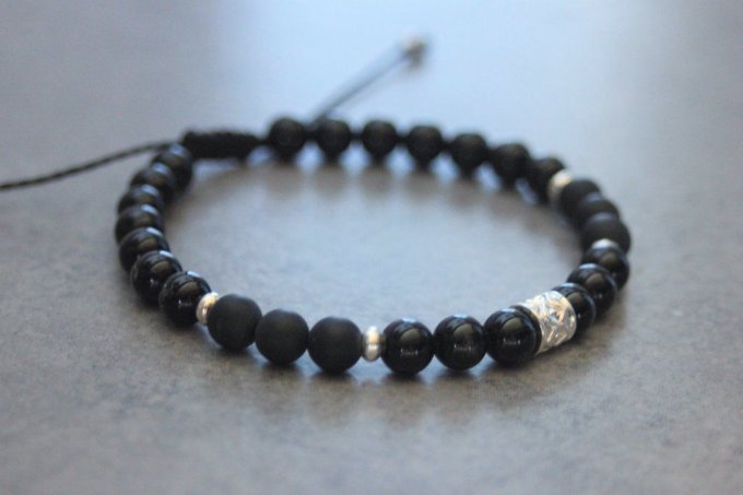 Bracelet perles onyx, onyx mat et argent massif