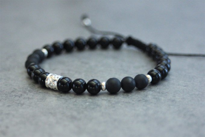 Bracelet perles onyx, onyx mat et argent massif