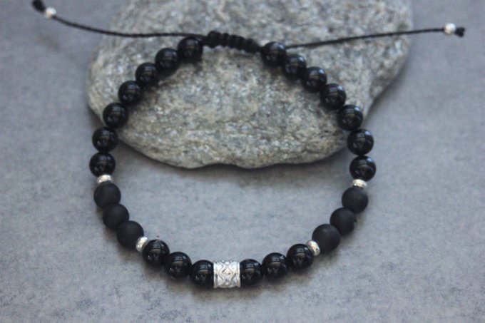 Bracelet perles onyx, onyx mat et argent massif