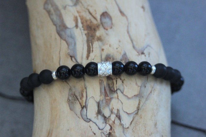 Bracelet perles onyx, onyx mat et argent massif