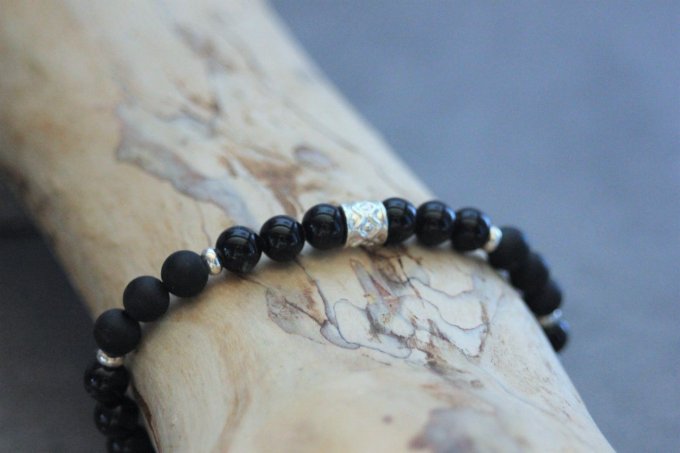 Bracelet perles onyx, onyx mat et argent massif