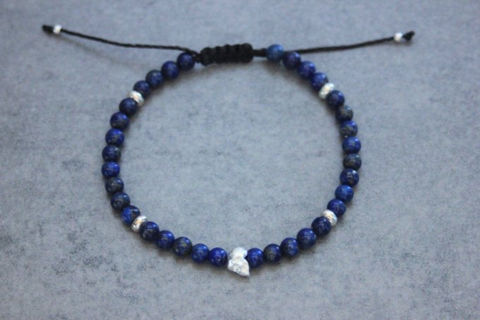 Bracelet perles lapis lazuli et tête de mort en argent massif