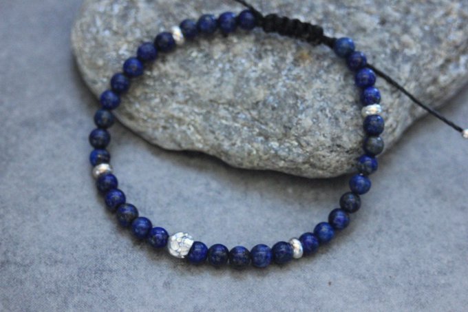 Bracelet perles lapis lazuli et tête de mort en argent massif