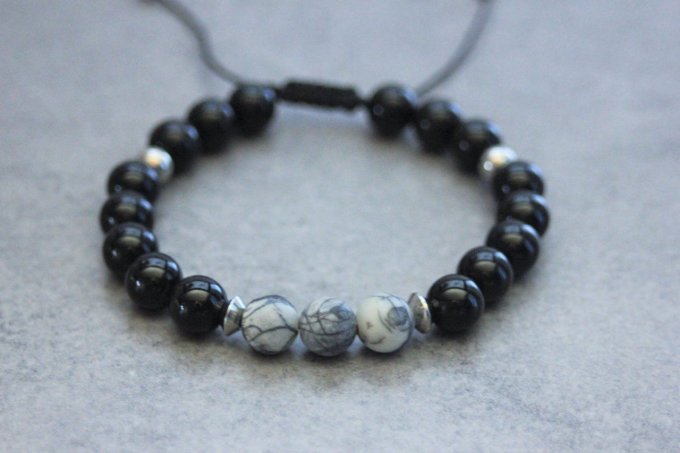 Bracelet perles onyx, jaspe picasso et acier inoxydable