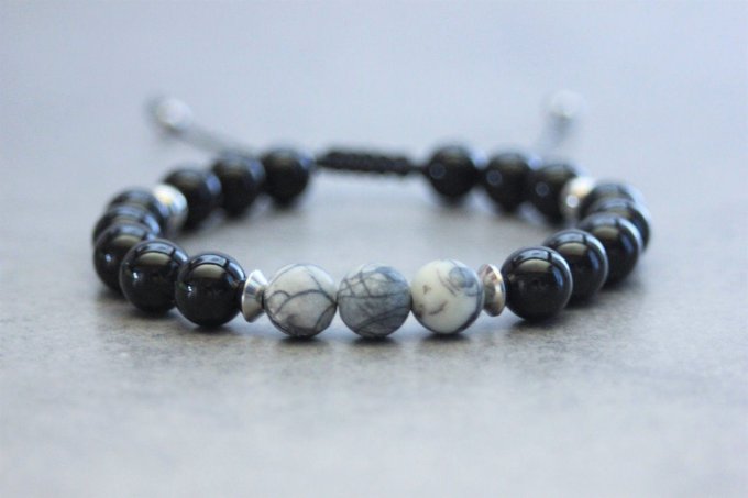 Bracelet perles onyx, jaspe picasso et acier inoxydable