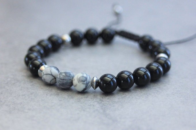Bracelet perles onyx, jaspe picasso et acier inoxydable