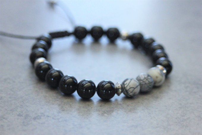 Bracelet perles onyx, jaspe picasso et acier inoxydable