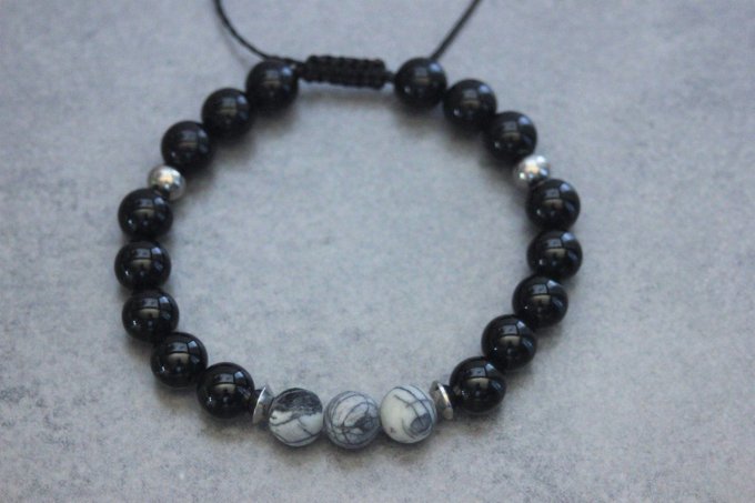 Bracelet perles onyx, jaspe picasso et acier inoxydable