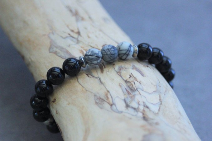 Bracelet perles onyx, jaspe picasso et acier inoxydable