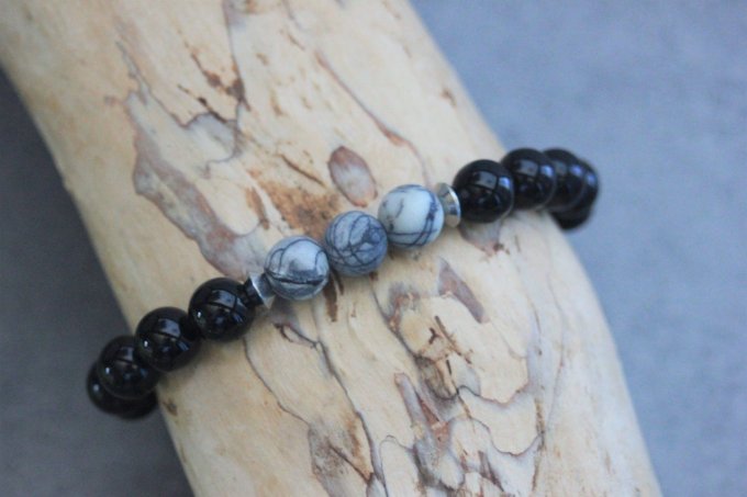 Bracelet perles onyx, jaspe picasso et acier inoxydable