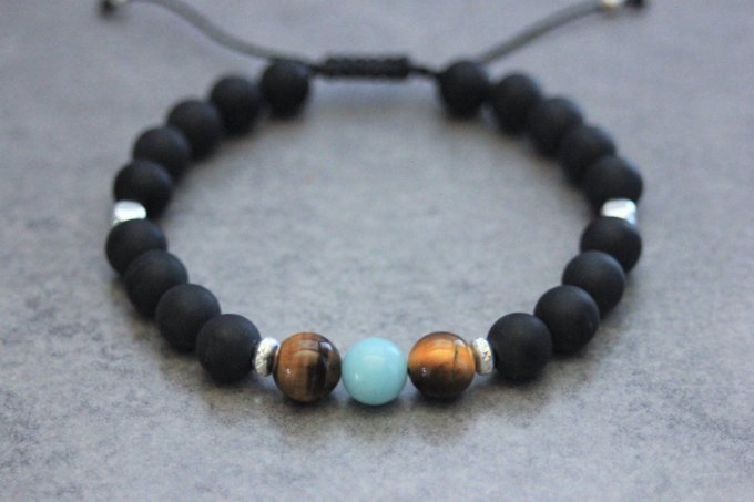 Bracelet perles onyx mat, oeil de tigre, amazonite et argent 925