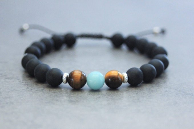 Bracelet perles onyx mat, oeil de tigre, amazonite et argent 925