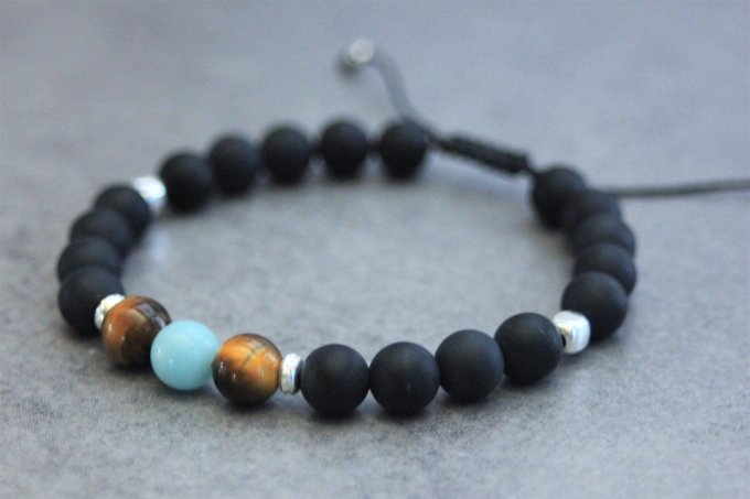 Bracelet perles onyx mat, oeil de tigre, amazonite et argent 925
