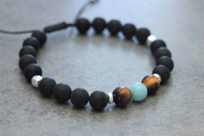Bracelet perles onyx mat, oeil de tigre, amazonite et argent 925
