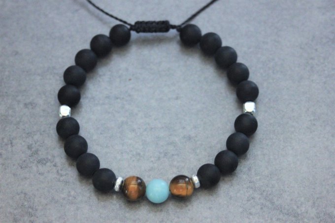 Bracelet perles onyx mat, oeil de tigre, amazonite et argent 925