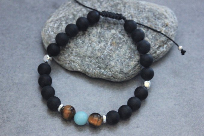 Bracelet perles onyx mat, oeil de tigre, amazonite et argent 925