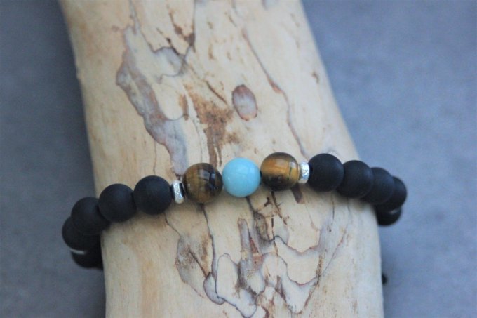 Bracelet perles onyx mat, oeil de tigre, amazonite et argent 925