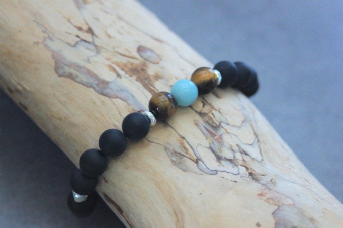 Bracelet perles onyx mat, oeil de tigre, amazonite et argent 925