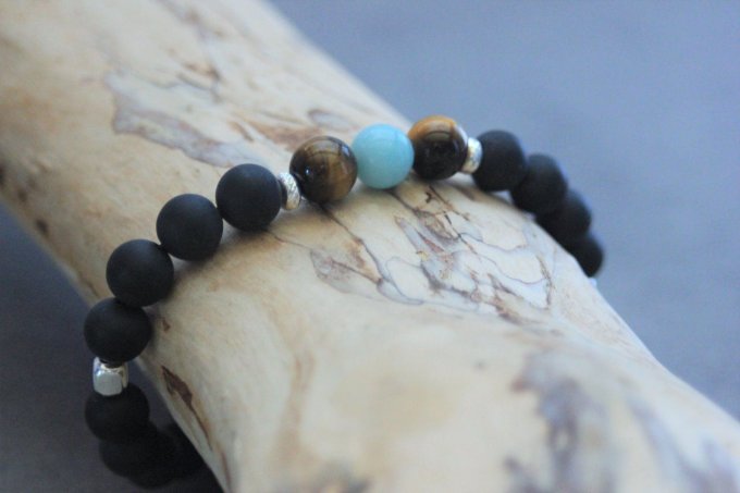 Bracelet perles onyx mat, oeil de tigre, amazonite et argent 925