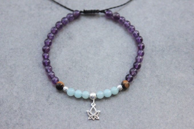 Bracelet perles améthyste, amazonite, oeil de tigre et fleur de lotus argent massif 925