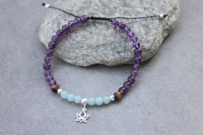 Bracelet perles améthyste, amazonite, oeil de tigre et fleur de lotus argent massif 925