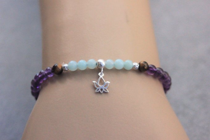 Bracelet perles améthyste, amazonite, oeil de tigre et fleur de lotus argent massif 925