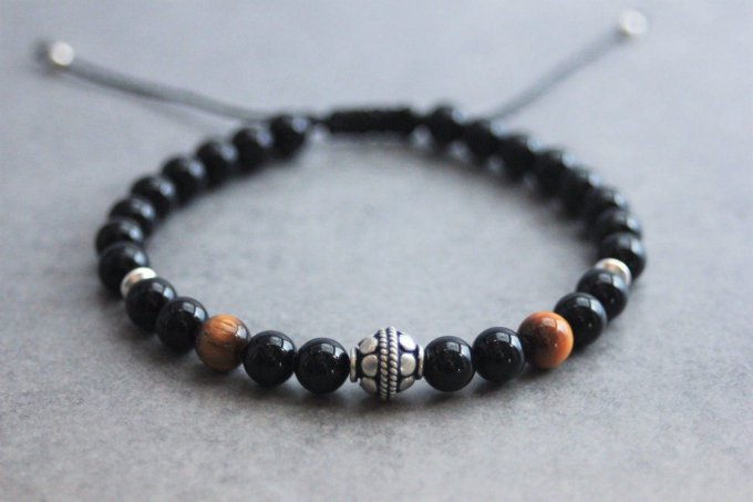 Bracelet perles onyx, oeil de tigre et argent massif 925