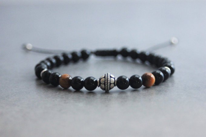 Bracelet perles onyx, oeil de tigre et argent massif 925