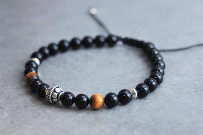 Bracelet perles onyx, oeil de tigre et argent massif 925