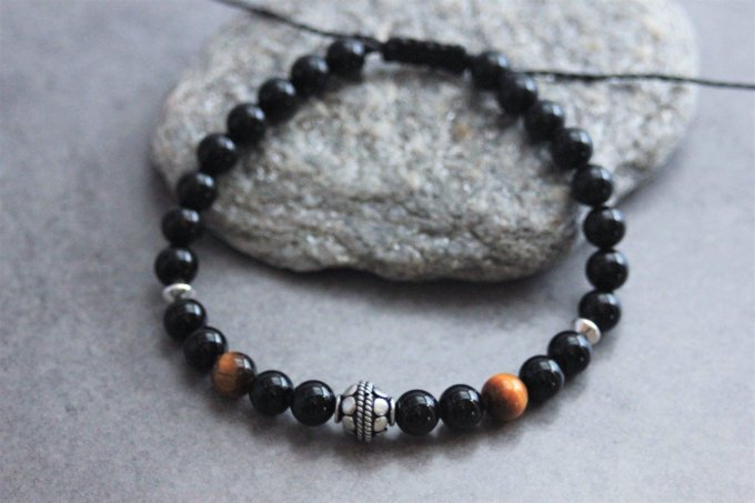 Bracelet perles onyx, oeil de tigre et argent massif 925