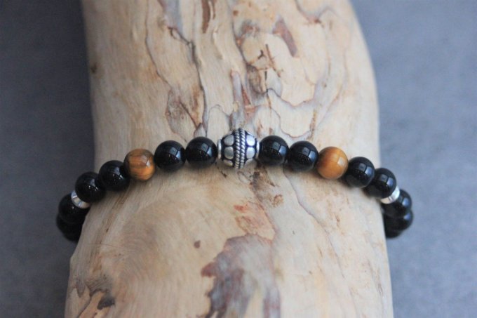 Bracelet perles onyx, oeil de tigre et argent massif 925