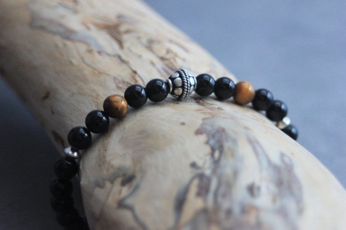 Bracelet perles onyx, oeil de tigre et argent massif 925