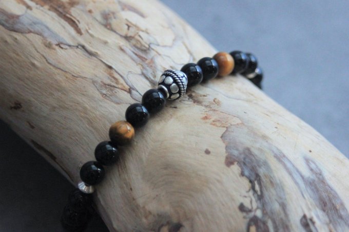 Bracelet perles onyx, oeil de tigre et argent massif 925