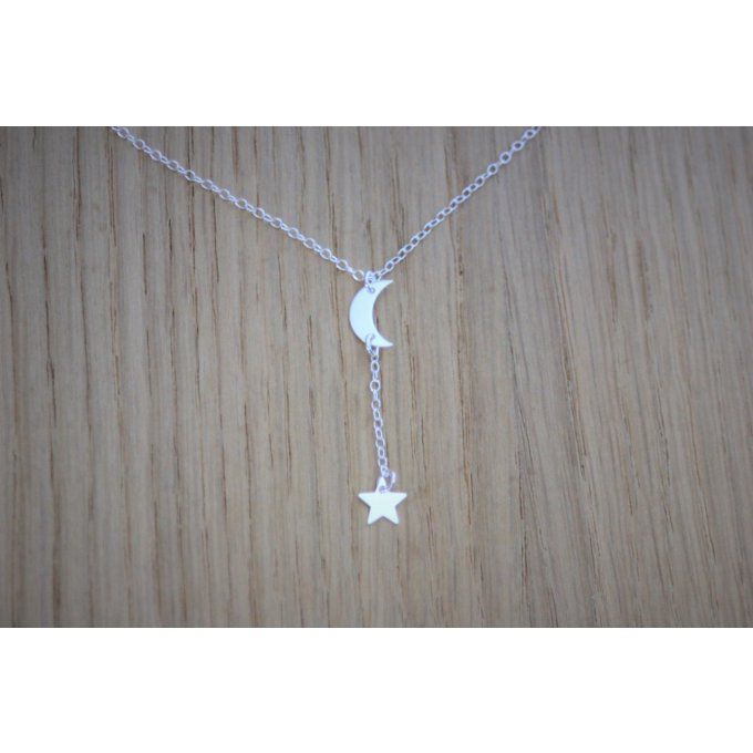 Collier cravate en argent massif avec lune et pendentif étoile