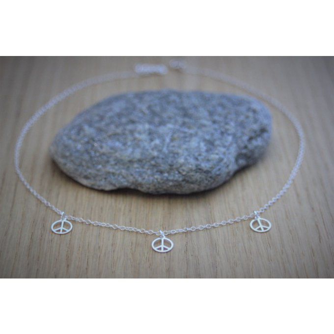 Collier argent massif 3 petites médailles peace and love