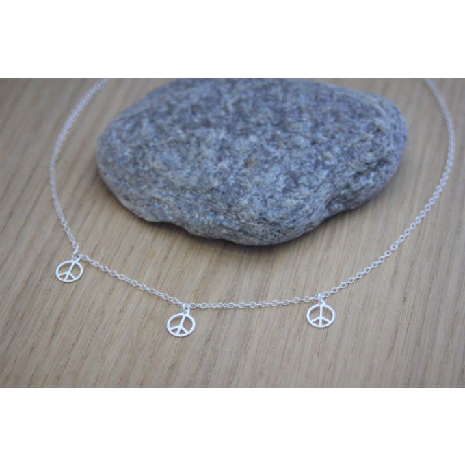 Collier argent massif 3 petites médailles peace and love