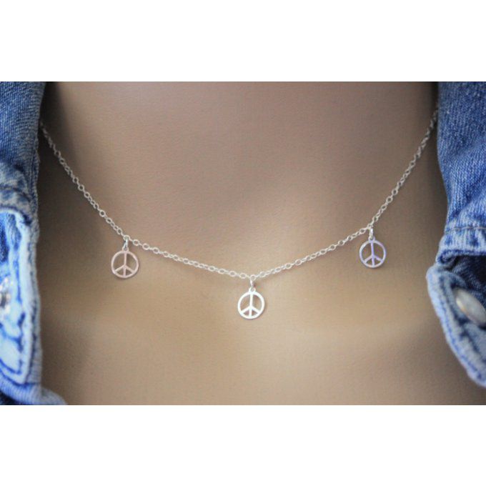 Collier argent massif 3 petites médailles peace and love