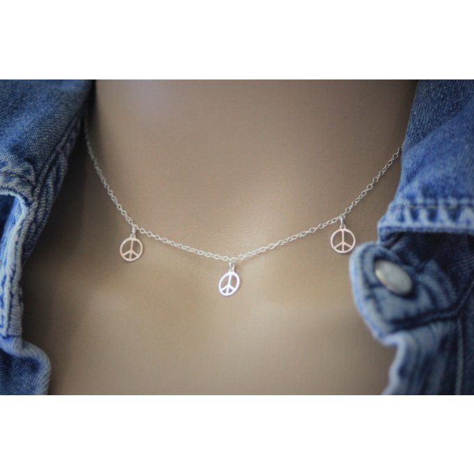 Collier argent massif 3 petites médailles peace and love