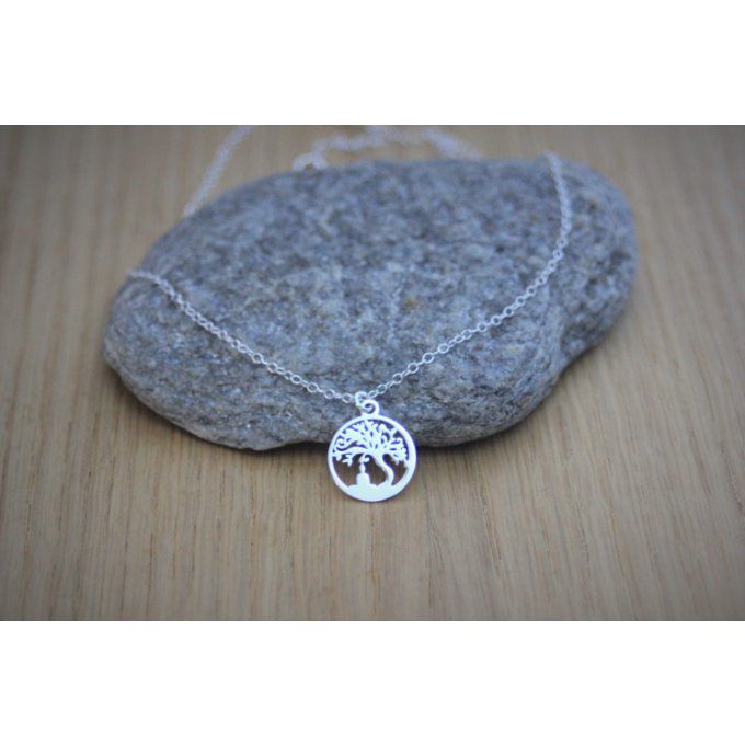 Collier argent massif 925 pendentif arbre de vie et bouddha