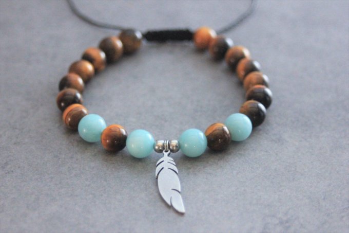 Bracelet perles oeil de tigre et amazonite avec plume acier inoxydable