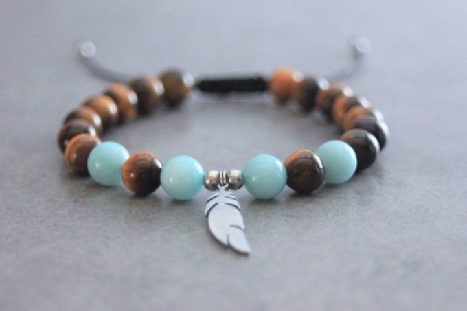 Bracelet perles oeil de tigre et amazonite avec plume acier inoxydable